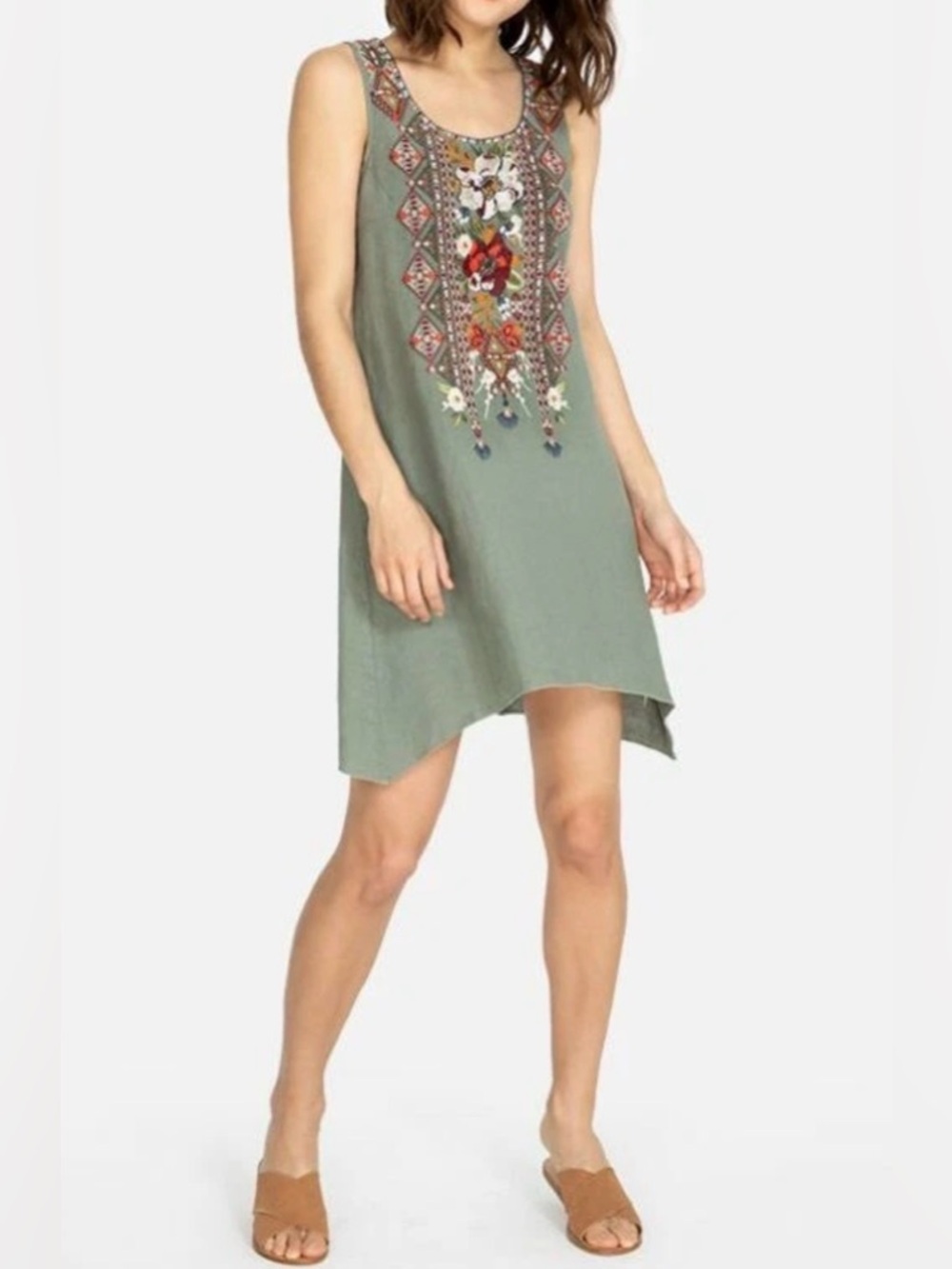 Johnny Was Beatriz Trapeze Dress S Linen Embroidered Tunic Olive Green